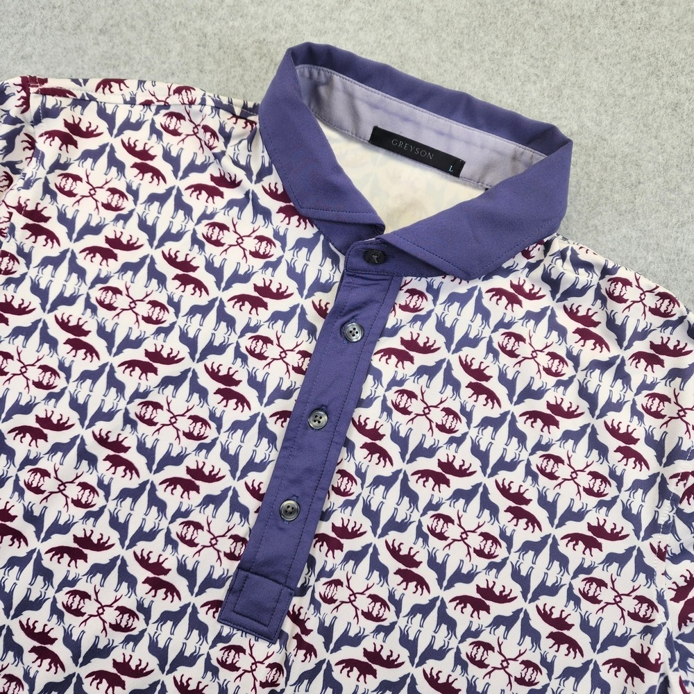 GREYSON‎ Mens L Performance Polo Shirt Wolf All Over Print AOP Short Sleeve